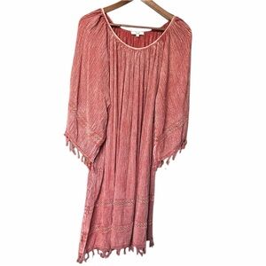 Easel Boho Tassel Caftan Oversized Dress Rust Red Crinkle Rayon Embroidered | S